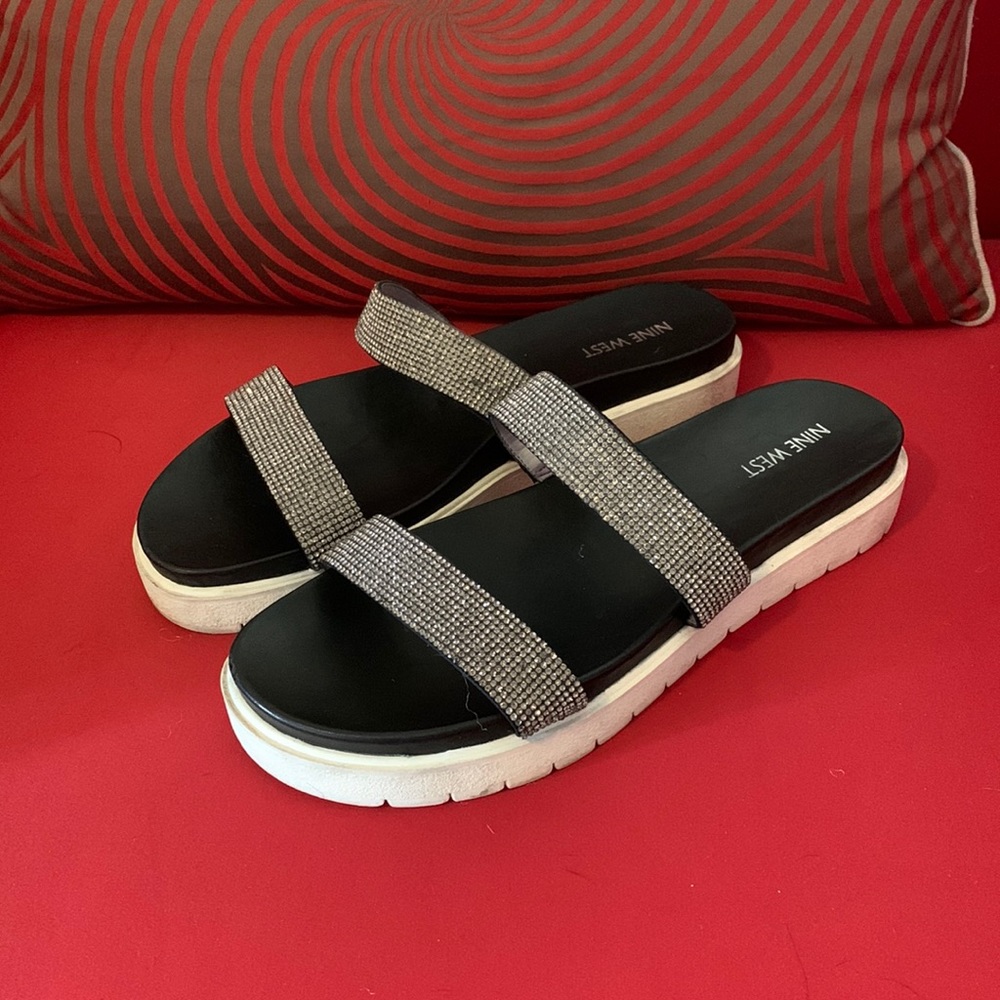 Nine West Black and Silver Rhinestone Slide Sandals